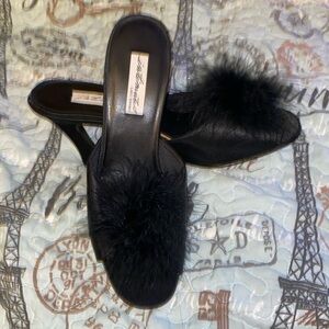 Black slides with feather trim